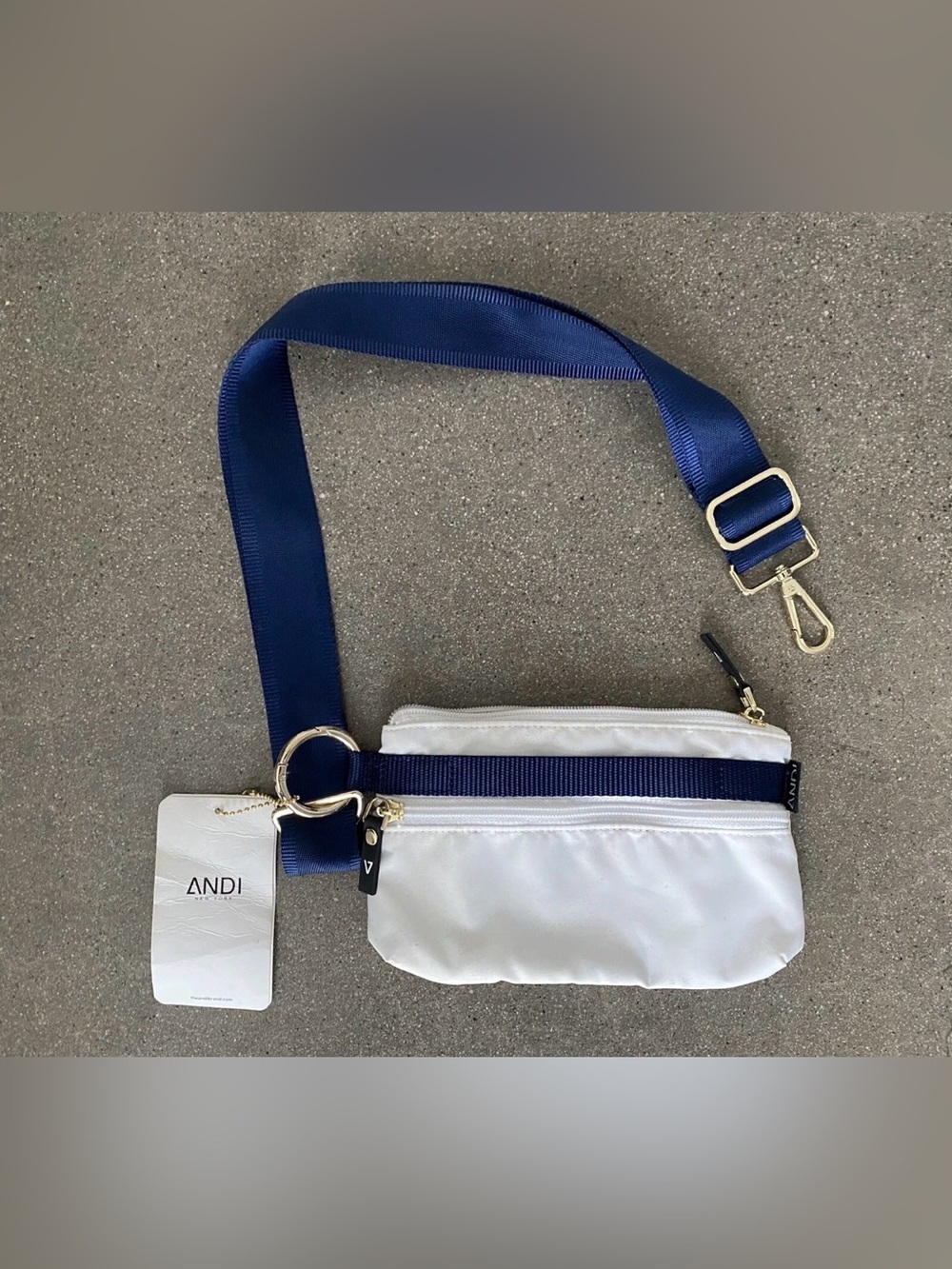 ANDI White Crossbody Bag with Navy Adjustable Strap